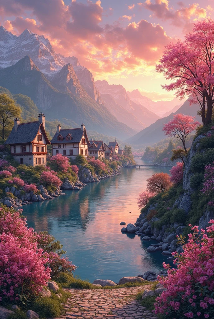 Small village by the river, mountains in the background, colorful pink flowers, detailed landscape, beautiful scenery, atmospheric lighting, scorching sunset, warm colors, practical, photography, detailed foliage, intricate buildings, cobblestone street, charming country house, swirling bright colors, dense vegetation, water reflections, picturesque, perfect, artwork, best quality, 8k, highly detailed, anime style