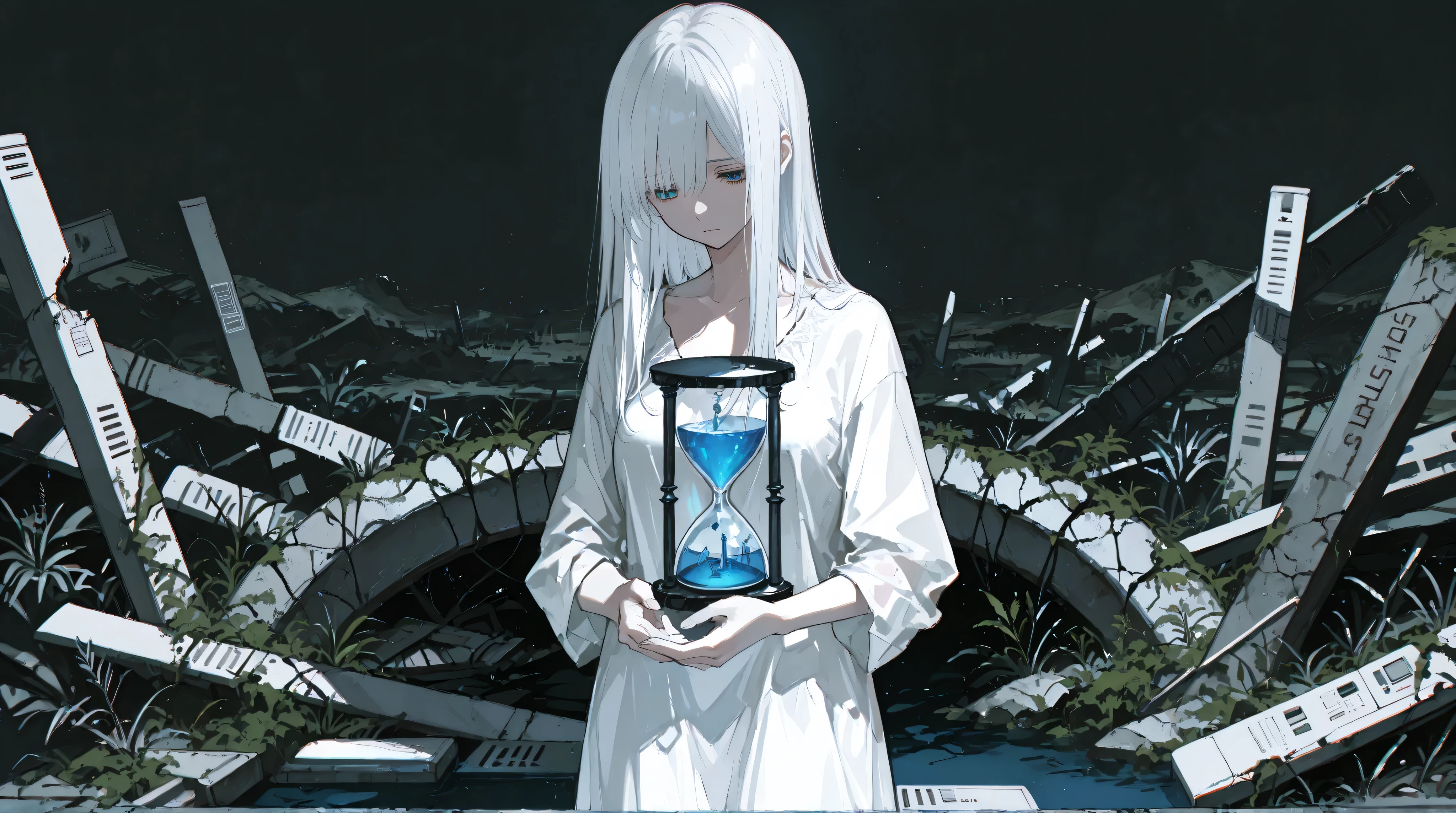 masterpiece, split screen, Best quality, lots of details, detailed, professional lighting, the image is divided into two parts, the girl is perfectly centered and divides the image into two parts, the girl stands with her face and looks at the big hourglass in her hands.
girl, solo, long white hair, straight neat hair, sad blue eyes, грустно смотрит на large hourglass in the hands of BREAK
, light dress, simple white dress, minimalism dress, large hourglass in the hands of BREAK.
To the left of the girl are the forests and the remains of an ancient civilization, Aztec ruins, overgrown land, Fertility.
On the other side of the girl, urbanism, dark atmosphere, electronic screens , gray tones, BREAK smog
Atmospheric, Symbolism
