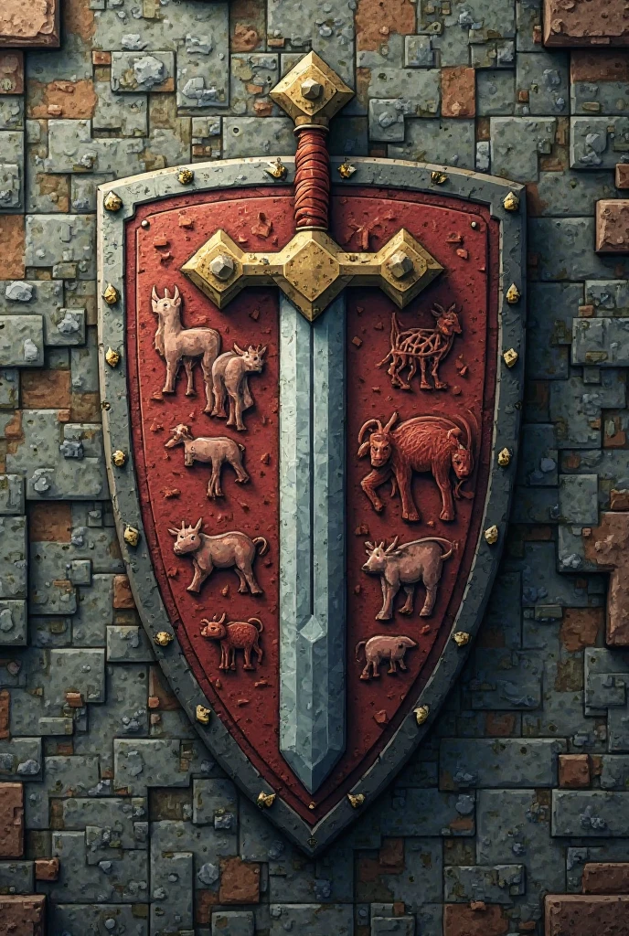 Logo shield with vertical sword version Minecraft half hostile mobs half natural mobs