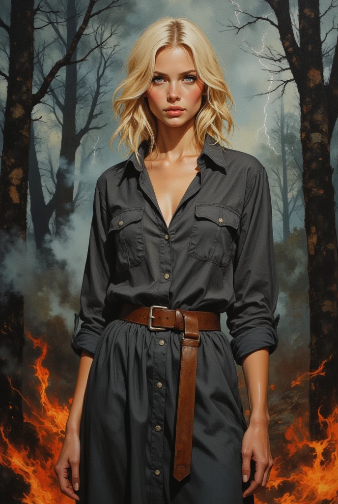 oil painting, ???? woman, 25 years old, blonde, shoulder length hair, dark gray history silk button-down shirt like dress, leather belt, watercolor background of a gloomy forest, black fog, dynamic pose, roaring magic around, fire on the ground, lightning in the sky, portrait, looking straight into the camera, large strokes, high quality details