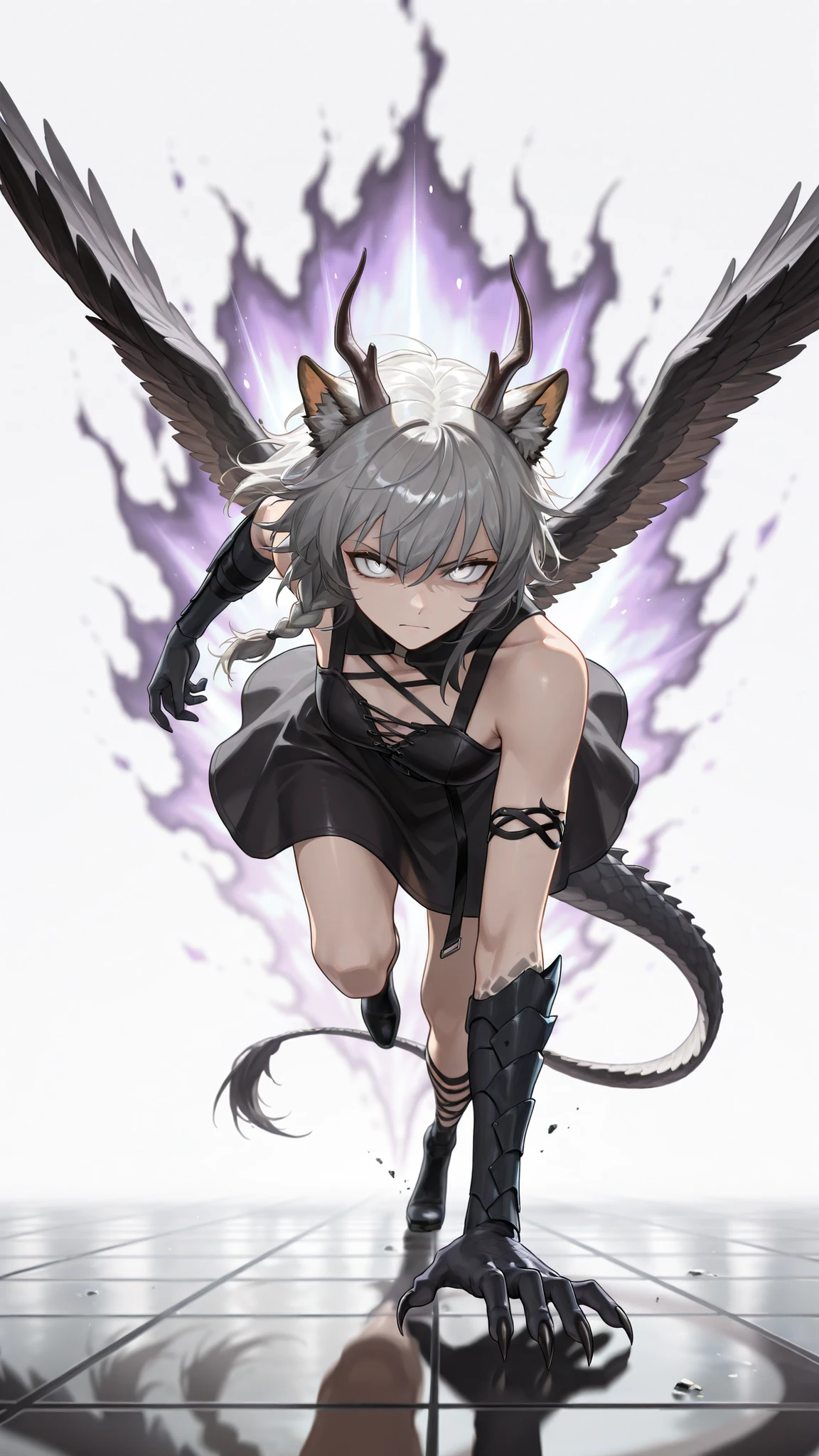 by [arknights|(748cmstyle:0.5)], god rays, cinematic shot, mature, young adult, masterpiece, best quality, amazing quality, very aesthetic, high resolution, ultra-detailed, absurdres,
(1girl, solo:0.55), alone,(dynamic pose, upper body focus, action shot, three quarter view, dynamic shot, movie wallpaper, medium shot:1.2), on the floor, running, sliding, chasing, glaring,HoSenti, medium hair, gray hair, braid, white eyes, (fallen angel, half wolf, half dragon, mutated skin, sharp claws, armored skin, asymmetry, asymmetric mutation:1.14), (lappland:0.46), dragon scales, wolf tail, wolf ears, dragon horns, purple aura, dark feathered wings, biblical, daemonic, black laced short dress,  novuschroma79 style, glitch art photo, BREAK, depth of field, volumetric lighting 
 