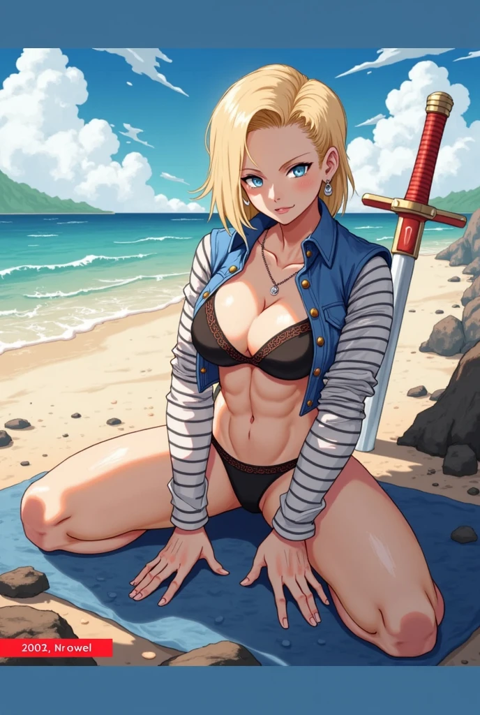 _asura style, 1girl, solo, altria pendragon (fate), looking at viewer, swimsuit, bikini, ass focus, large breasts, blonde hair, sword, cowboy shot