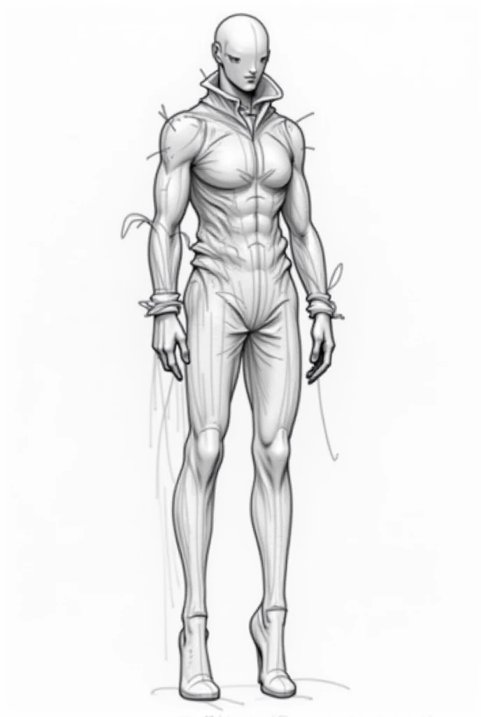 best quality, high resolution, manga, monochrome, handwritten style, hunk, plain grey tights, standing, from front, lower body shot, leg focus, iron fist,