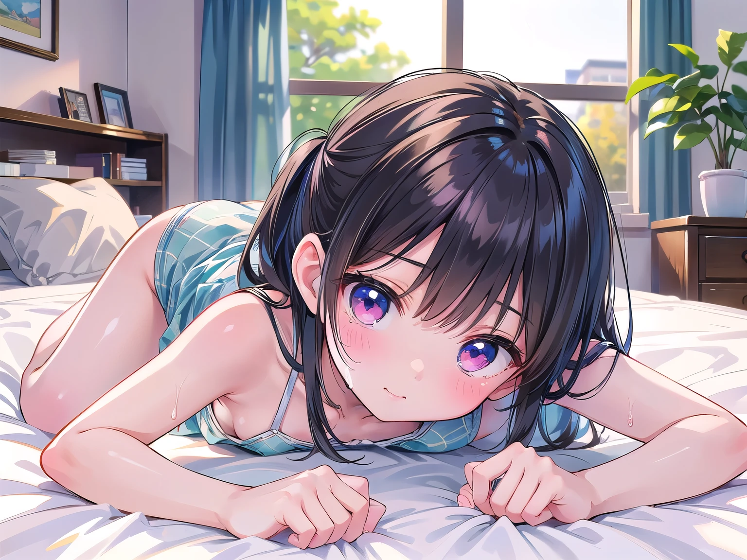 masterpiece,ultra-detailed,best quality,petite, twister-game,shiny skin,wavy mouth,open mouth, girl,black ponytail,all fours,blush,sweat, lkp, breasts, loose white tanktop, miniskirt <lora:add_detail:1.2> <lora:lyp v1:0.9> <lora:twister:0.9>