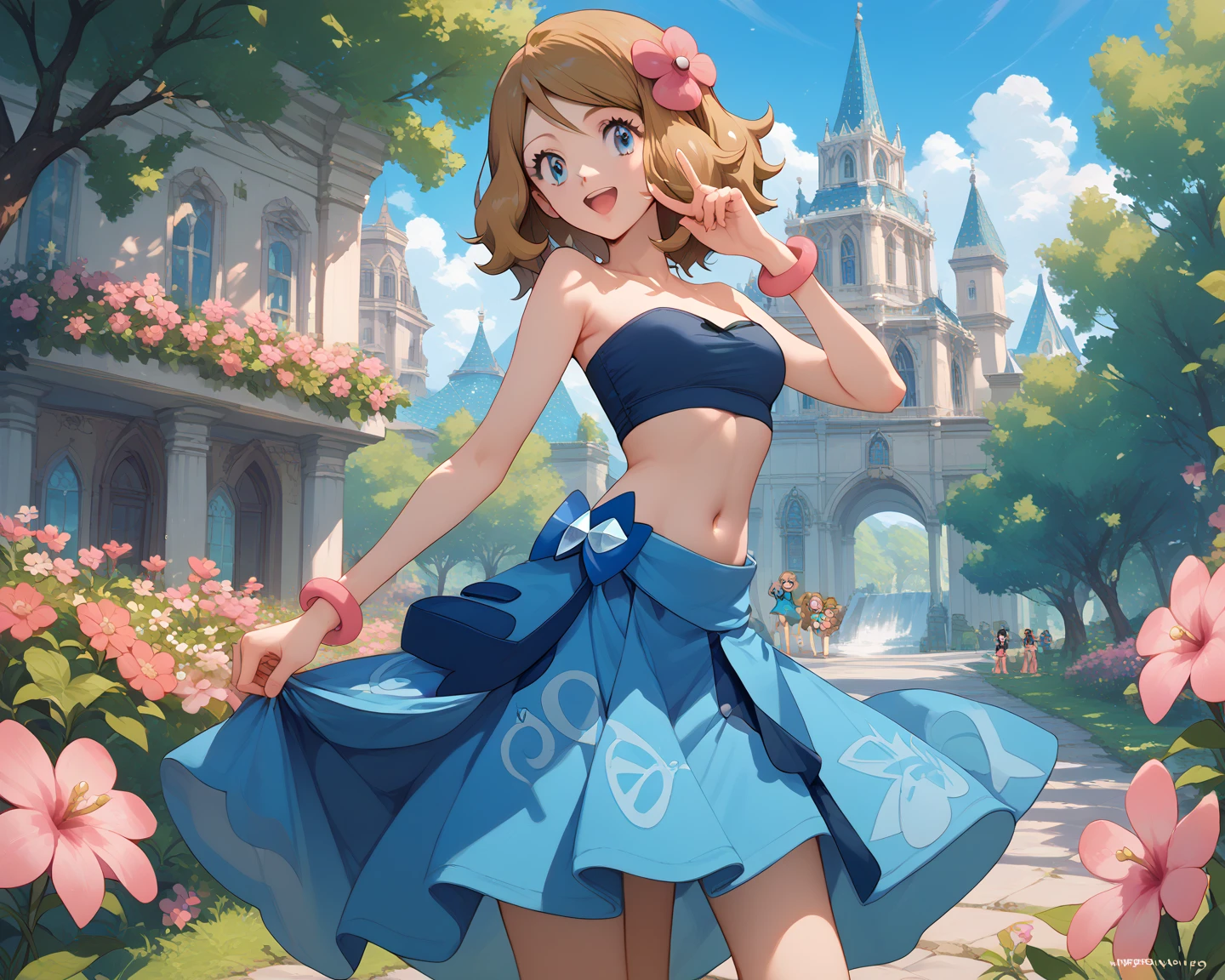 score_9, score_8_up, score_7_up, score_6_up, source_anime, anime, masterpiece, best quality, , pokemonserena, serena, medium hair, blue eyes, brown hair, hairflower, pink Flower, blue tube top, Strapless, belly button, blue sarong, blue skirt, posing, happy