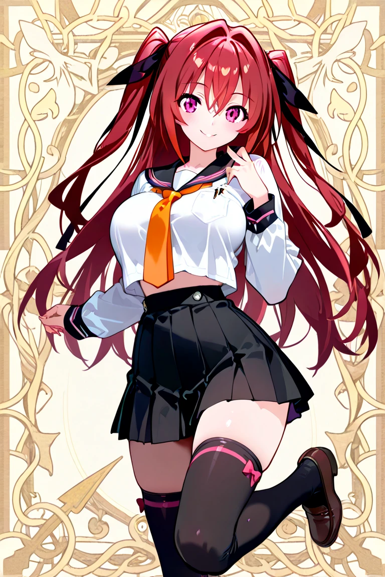 1girl, solo, long hair, breasts, looking at viewer, blush, emotionless, open mouth, bangs, skirt, simple background, brown hair, shirt, hair ornament, red eyes, thighs, white background, hair between eyes, twintails, sitting, white shirt, ass, flower, ahoge, short sleeves, thighs thighs, pleated skirt, small breasts, hair flower, miniskirt, black skirt, nail polish, symbol-shaped pupils, gradient hair, feet out of frame, arm support, red flower, t-shirt, black nails, flower-shaped pupils, plum blossoms, hu tao \(genshin impact\), 200mm f/2.8L,
