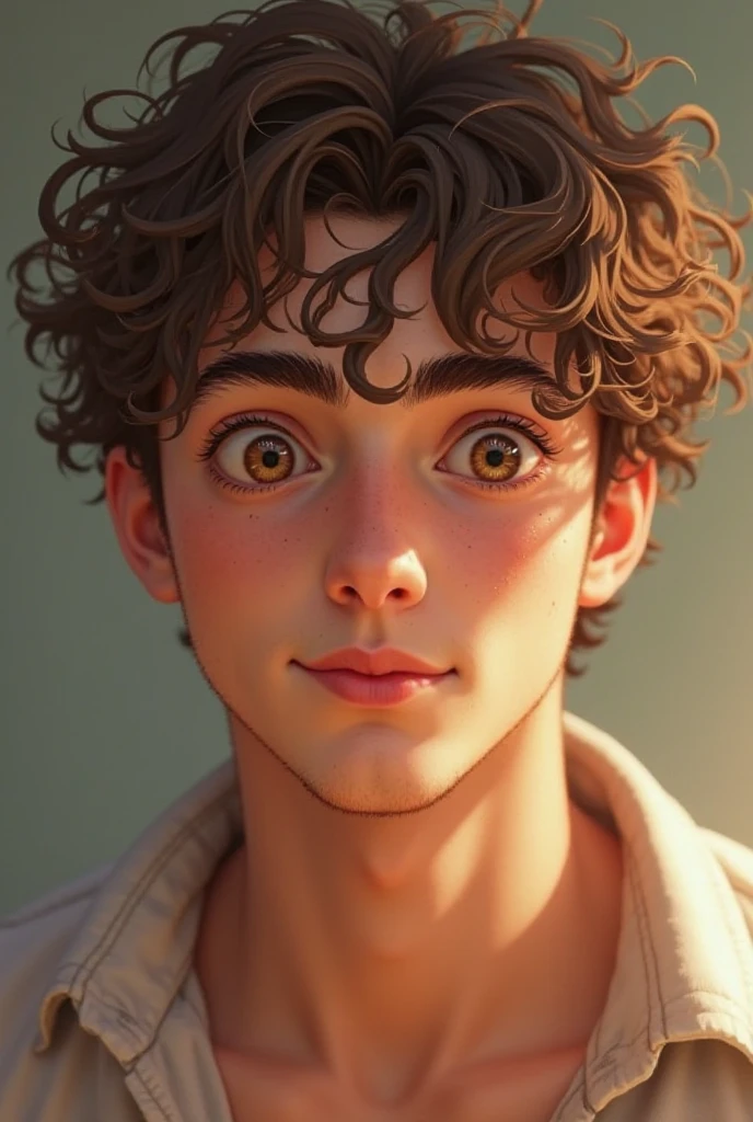 teenage boy, short curly hair, serious expression