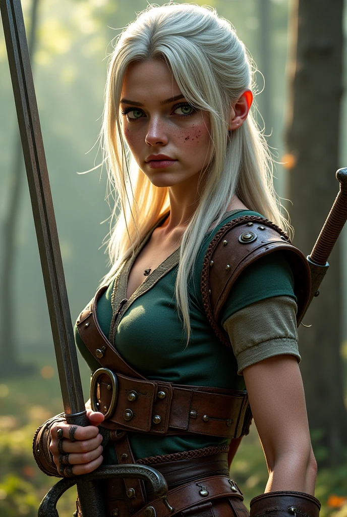 Ciri (The Witcher 3) — Realistic version**  
*"Ciri wearing a hunter costume, aged leather with metal details,  sword belt , tight linen t-shirt. Realistic face scar, long, slightly disheveled platinum hair, intense emerald green eyes. Pose in combat position, holding the silver sword 'Zireael'. tempered forest background with morning mist, filtered sunlight. photo style, sweat and dirt details on clothes, given expression."