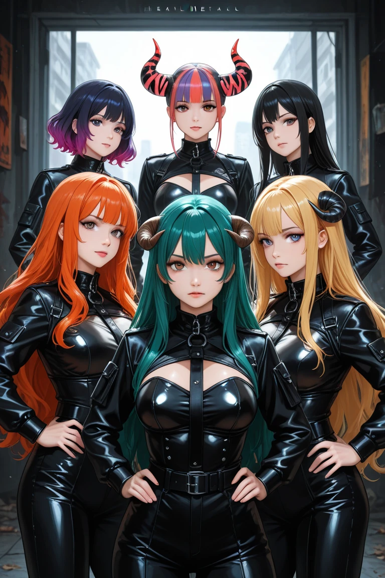 5 girls, , Heavy Metall Band,  different hair colors 