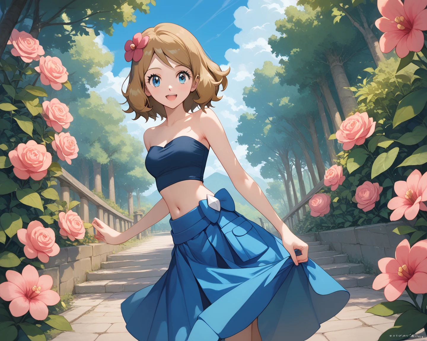 score_9, score_8_up, score_7_up, score_6_up, source_anime, anime, masterpiece, best quality, nsfw, solo, BREAKpokemonserena, serena, medium hair, blue eyes, brown hair, hairflower, pink Flower, blue tube top, Strapless, belly button, blue sarong, blue skirt, posing, happy