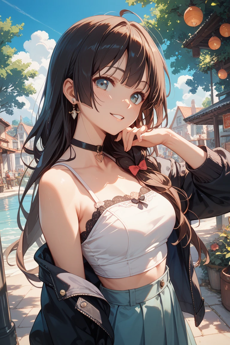 (masterpiece, best quality, ultra-detailed, highres, 4k),(beautiful detailed eyes),(very detailed face),(1girl),HDR,long hair, shorts, phone, brown eyes, brown hair, cellphone, bracelet, tank top, jewelry, watch, lips, solo focus, nail polish, blurry background, smile, wristwatch, realistic, blurry, looking at viewer