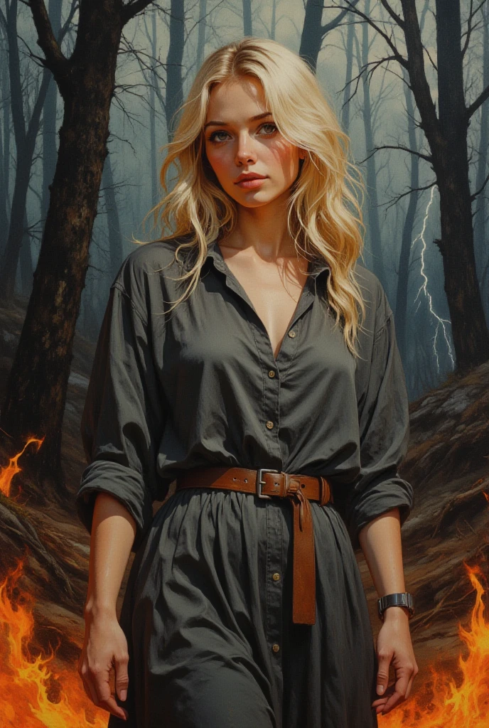 oil painting, ???? woman, 25 years old, blonde, shoulder length hair, dark gray history silk button-down shirt like dress, leather belt, watercolor background of a gloomy forest, black fog, dynamic pose, roaring magic around, fire on the ground, lightning in the sky, portrait, looking straight into the camera, large strokes, high quality details