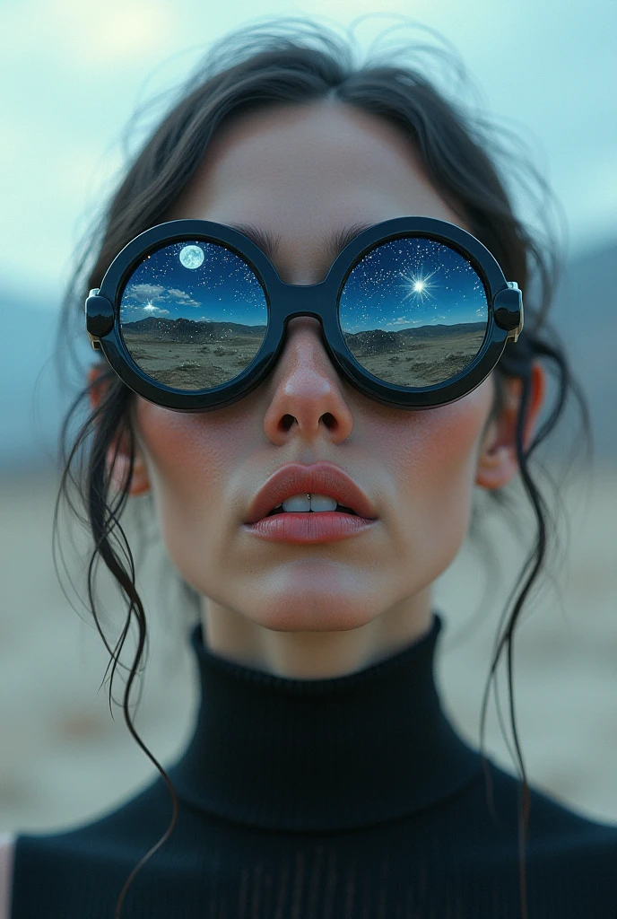 The model is wearing glass sunglasses with stars and the moon on the glass