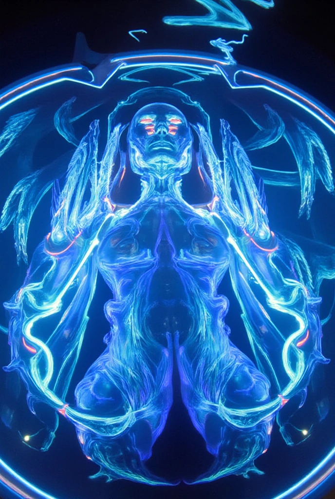 Translucent, bioluminescent naket woman with a mystique that would charm the rockiest soul depicted in a voluminous opulent costume conducting an outlandish, spread legs, extraterrestrial autopsy in the confines of a conspicuously unassuming bedroom, appearing as a tiny doll in a concealing princely garment. Her oversized, compelling eyes feature an ethereal expression. Ensconced in an atmosphere rendered swirling with surreal
