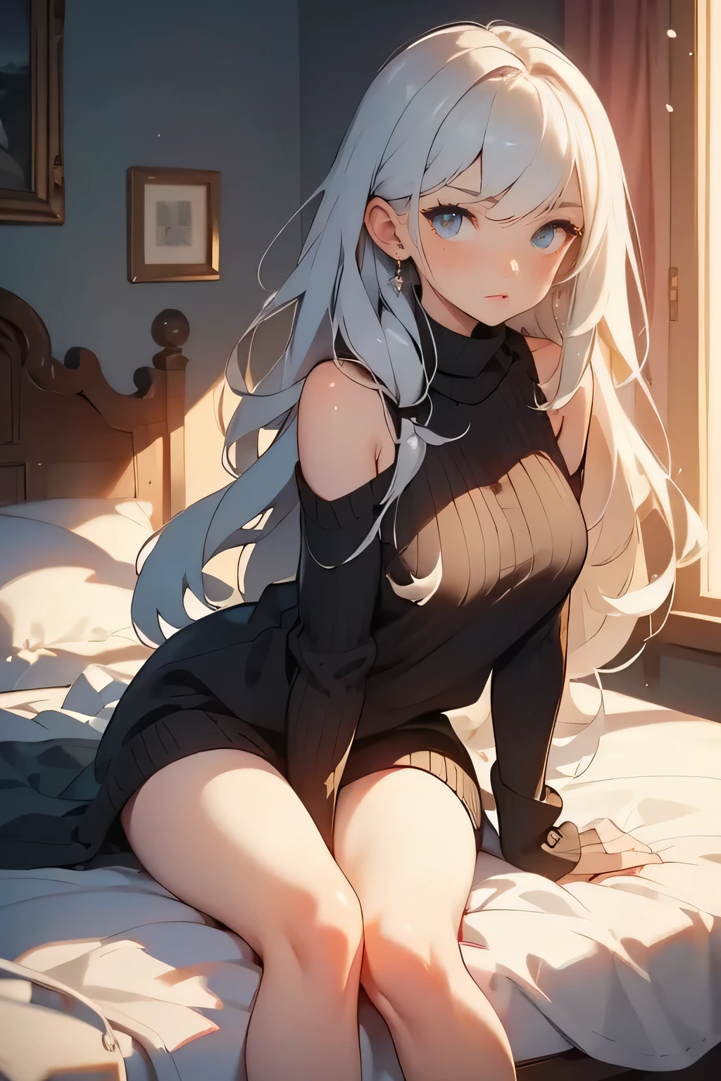 A moody, dimly lit bedroom with soft golden light streaming through the window, casting long shadows. A silver-haired girl sits on the bed, her back arched slightly as she leans forward. She’s wearing an oversized sweater that’s deliberately sliding off one shoulder, exposing just enough skin to be tantalizing. Her gaze is intense, playful, with a hint of mischief, lips parted as if she’s about to say something, but instead, she just watches you. Her legs are crossed, one hand gently resting on her thigh, the other loosely holding a pen as if it’s something more. The air feels thick with unspoken tension, a moment where hesitation and desire mix, like a game of tug-of-war between restraint and giving in. No NSFW, just that delicate balance between innocence and allure, capturing the moment right before it all comes undone.
