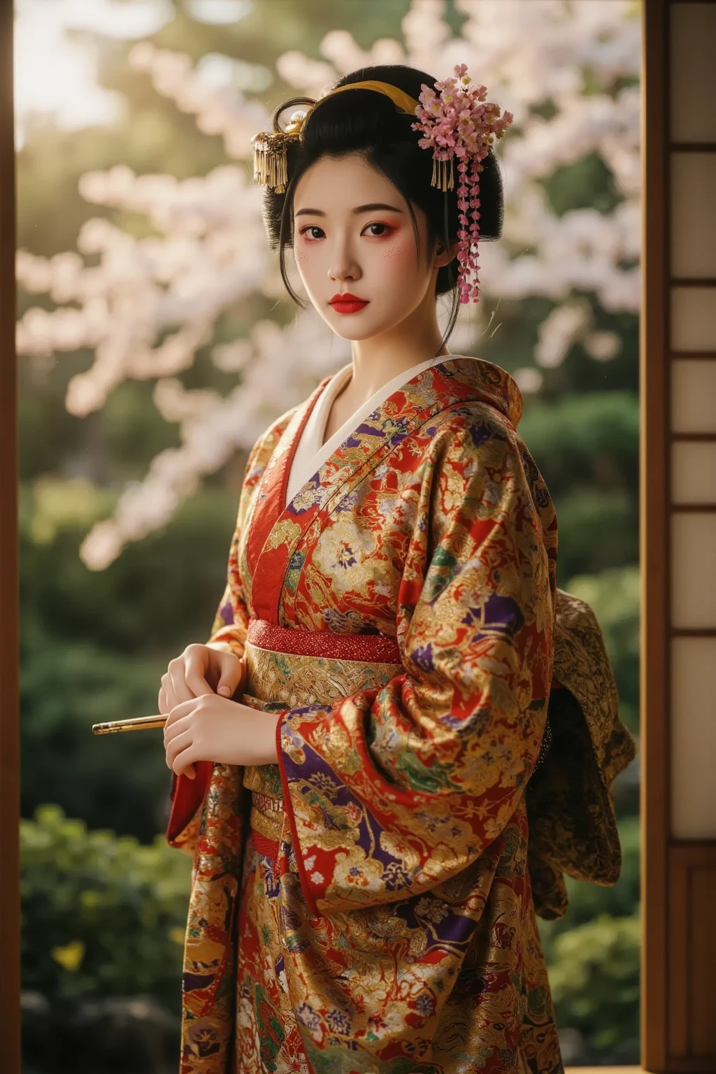 One girl, a  wearing a Japanese kimono, very beautiful, warm sunlight, pleasant breeze,