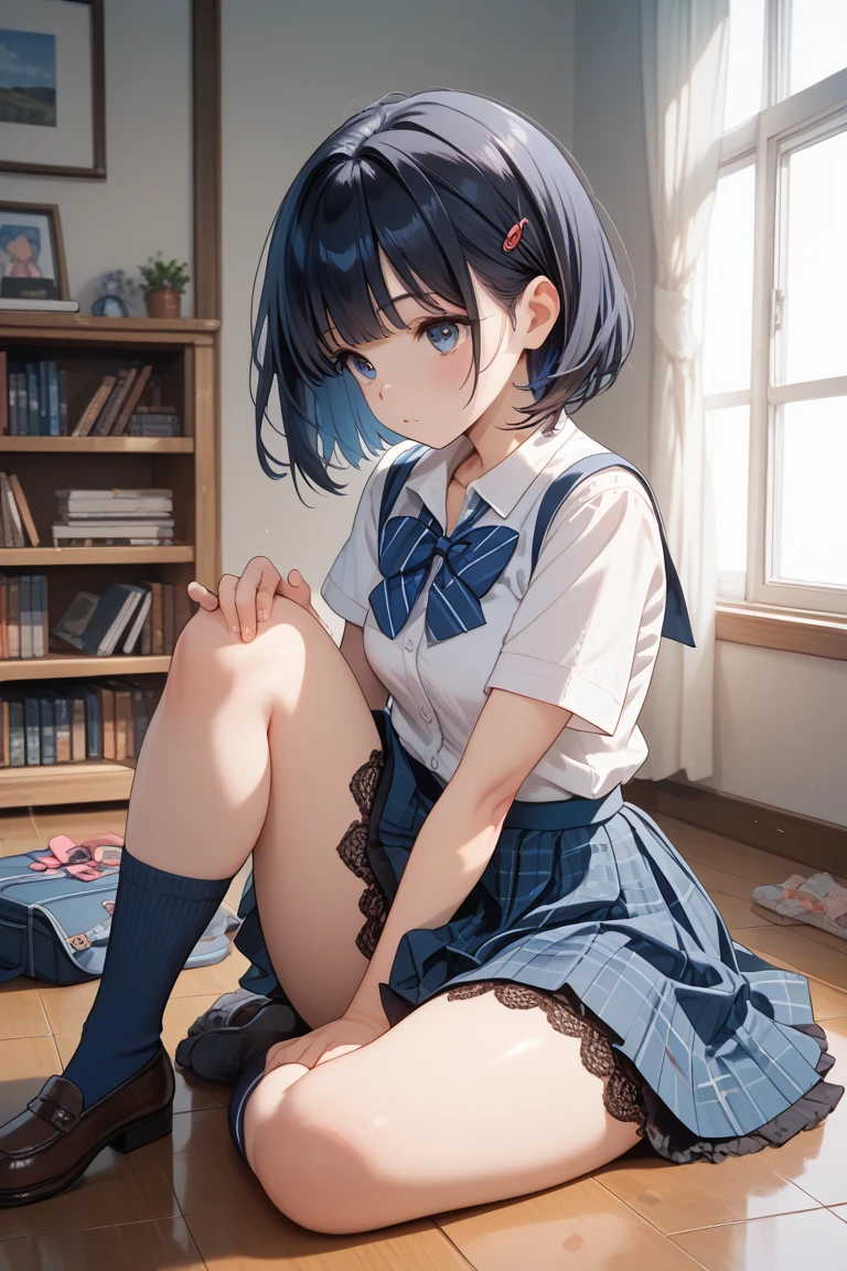 Kyoto Animation,shinkai makoto,uiharukazari, Kazari Uiharu, (black eye:1.5), Black Hair, flower, hair flower, hair ornaments, flower ring on head, short hair,
break armband, sakugawa school uniform, school uniform, Seraphim, skirt, Summer clothes, neckerchief, red neckerchief, Blue sailor collar, Blue Card, Short sleeve,white lace flower decorative panties,White socks,
break looking at viewer,
break indoors, classroom,
break (masterpiece:1.2), Highest quality, High resolution, unity 8k wallpaper, (shape:0.8), (Fine and beautiful eyes:1.6), Highly detailed face, Perfect lighting, Highly detailed CG, (Perfect hands, Perfect Anatomy),