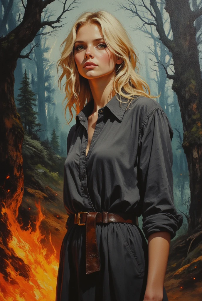 oil painting, ???? woman, 25 years old, blonde, shoulder length hair, dark gray history silk button-down shirt like dress, leather belt, watercolor background of a gloomy forest, black fog, dynamic pose, roaring magic around, fire on the ground, lightning in the sky, portrait, looking straight into the camera, large strokes, high quality details