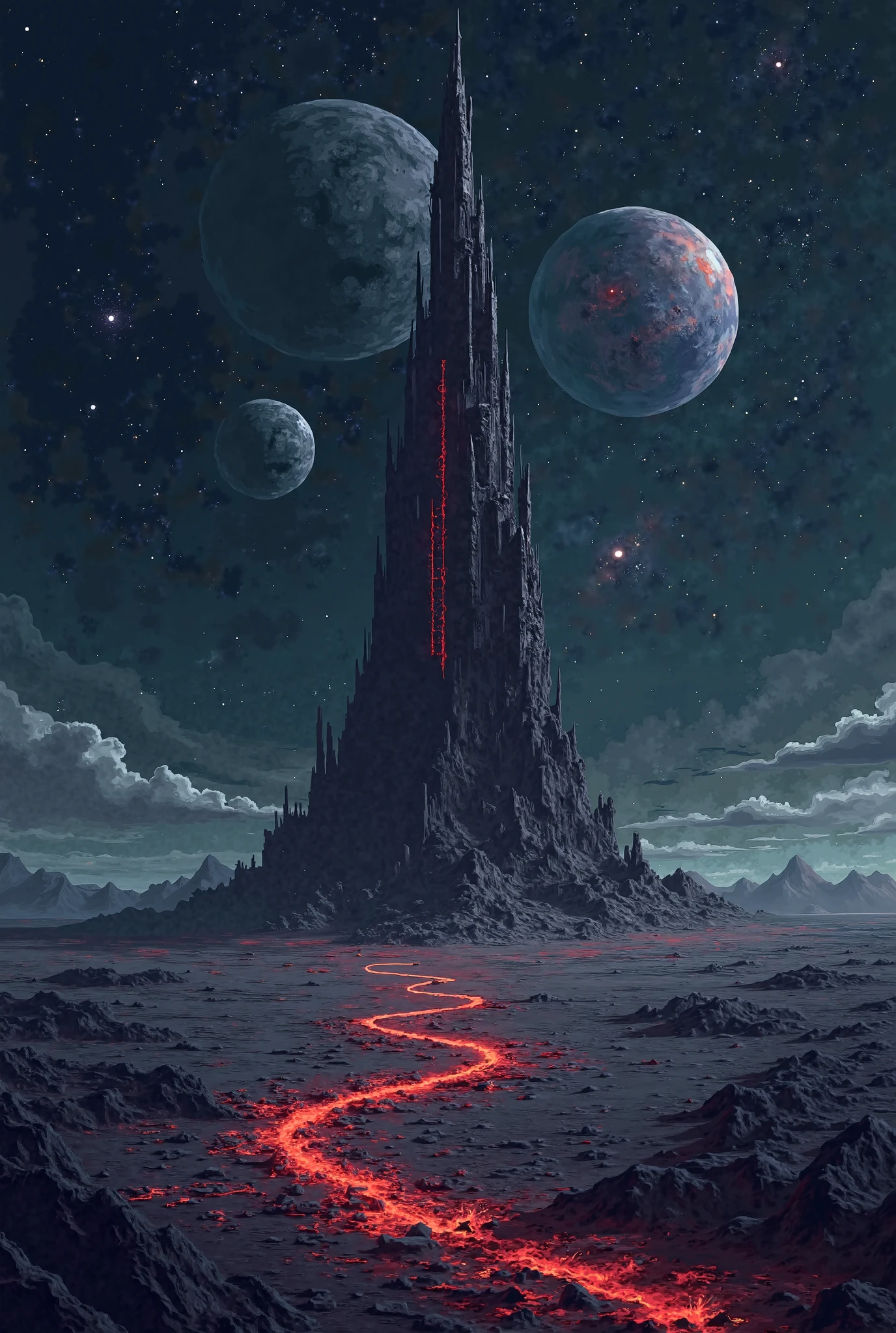 From the vastness of space, a lone dark tower juts out from the center of a cracked, lifeless planet. Its impossibly tall form pierces the stratosphere, with jagged spires and glowing crimson runes pulsing along its surface. The surrounding flatlands are scorched and barren, spreading in all directions like a blackened desert under a thin, dying atmosphere. Orbiting debris and shattered moons drift silently above, casting long shadows across the desolate world. Stars shimmer coldly in the distance, while a distant nebula glows faintly with eerie blues and purples. The pixel art style captures cosmic scale and isolation, with fine details glowing against the infinite blackness of space.

