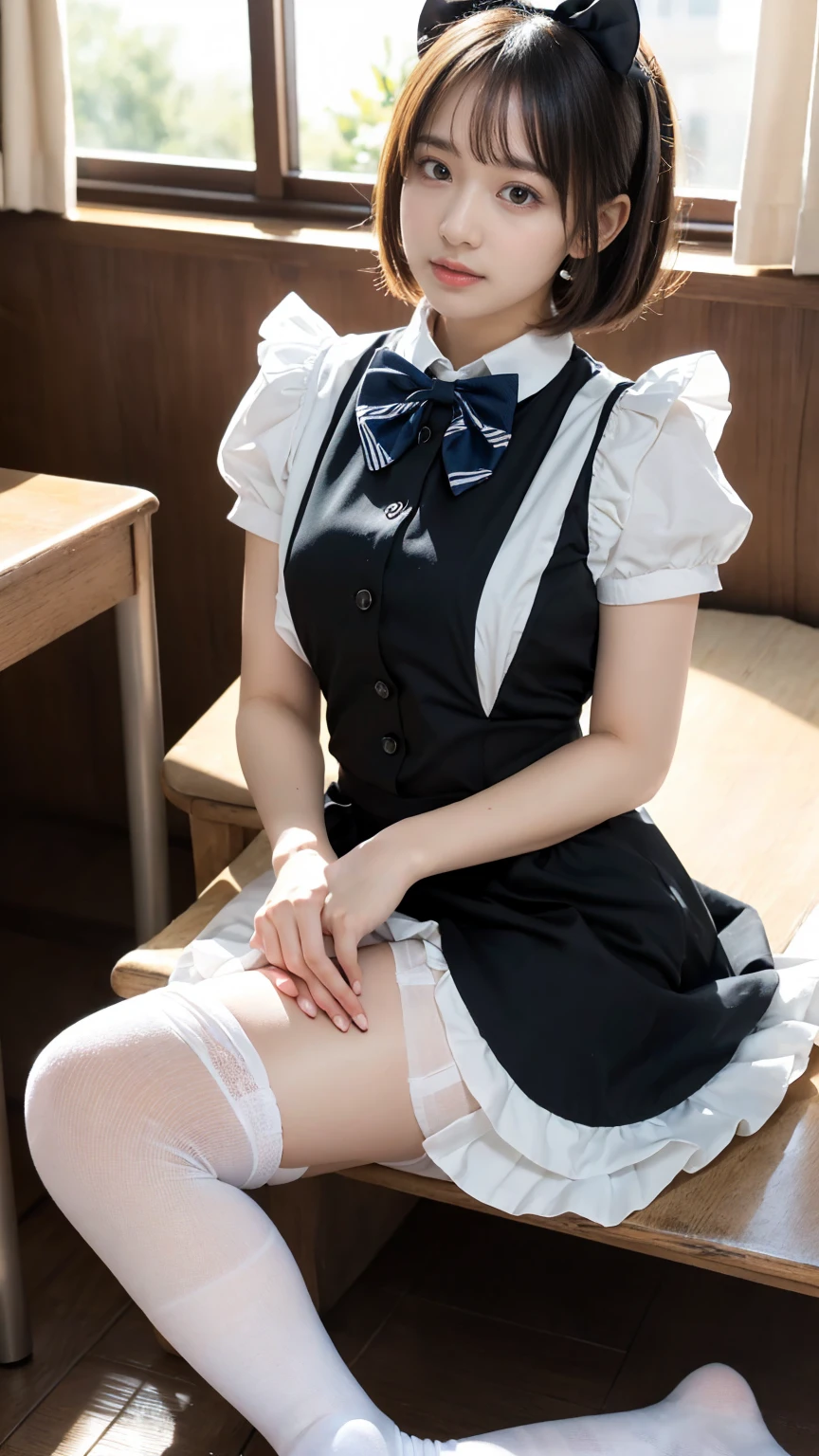 woman in a skirt and stockings sitting on a chair, gapmoe yandere grimdark, gapmoe yandere, realistic schoolgirl, hyperrealistic schoolgirl, 2b, 2 b, woman in a maid costume, woman in a maid costume, the woman is crouching