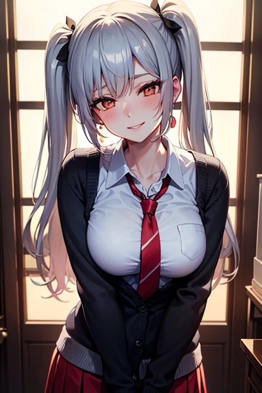 Best Quality, (masutepiece:1.2), detaileds, Standing, School, Indoor, Cat ears, 1girl in, Solo, tojo koneko, Looking at the viewer, Closed mouth, lightsmile, Top, Yellow eyes, White hair, Short hair, Hair decoration, School uniform, cleavage, striped shirt, Unbuttoned shirt, Red skirt, black neck band, Erotica