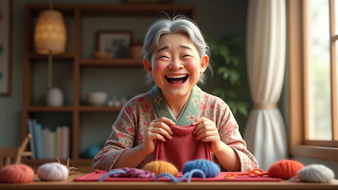 Mrs. Suzuki laughing while holding knitting yarn, cheerful Japanese personality, 4K ultra-realistic.