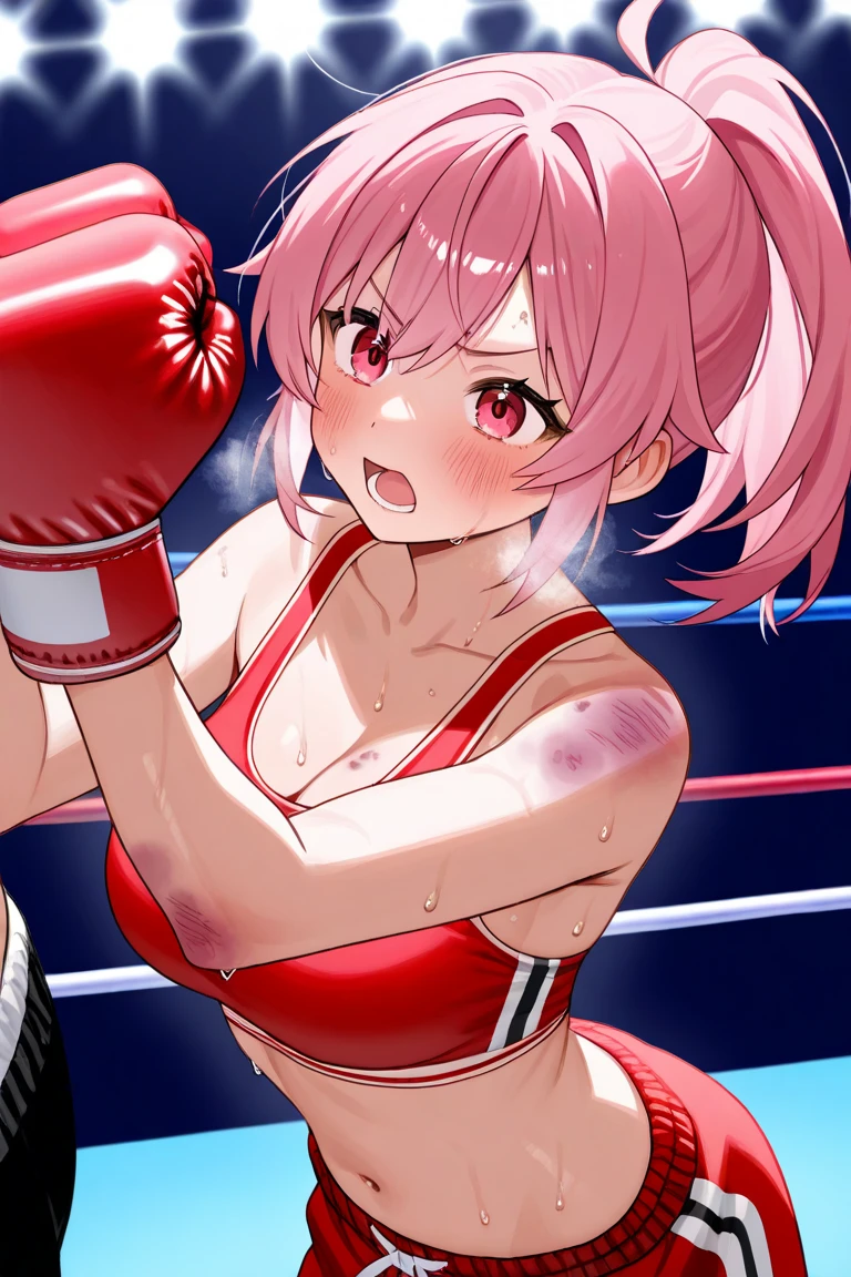 boxing、Teenage Girls、Young、(child:1.1)、belly button、cute、Shorts、boxingグローブ、Cat ear、Cat's tail、Painful expression