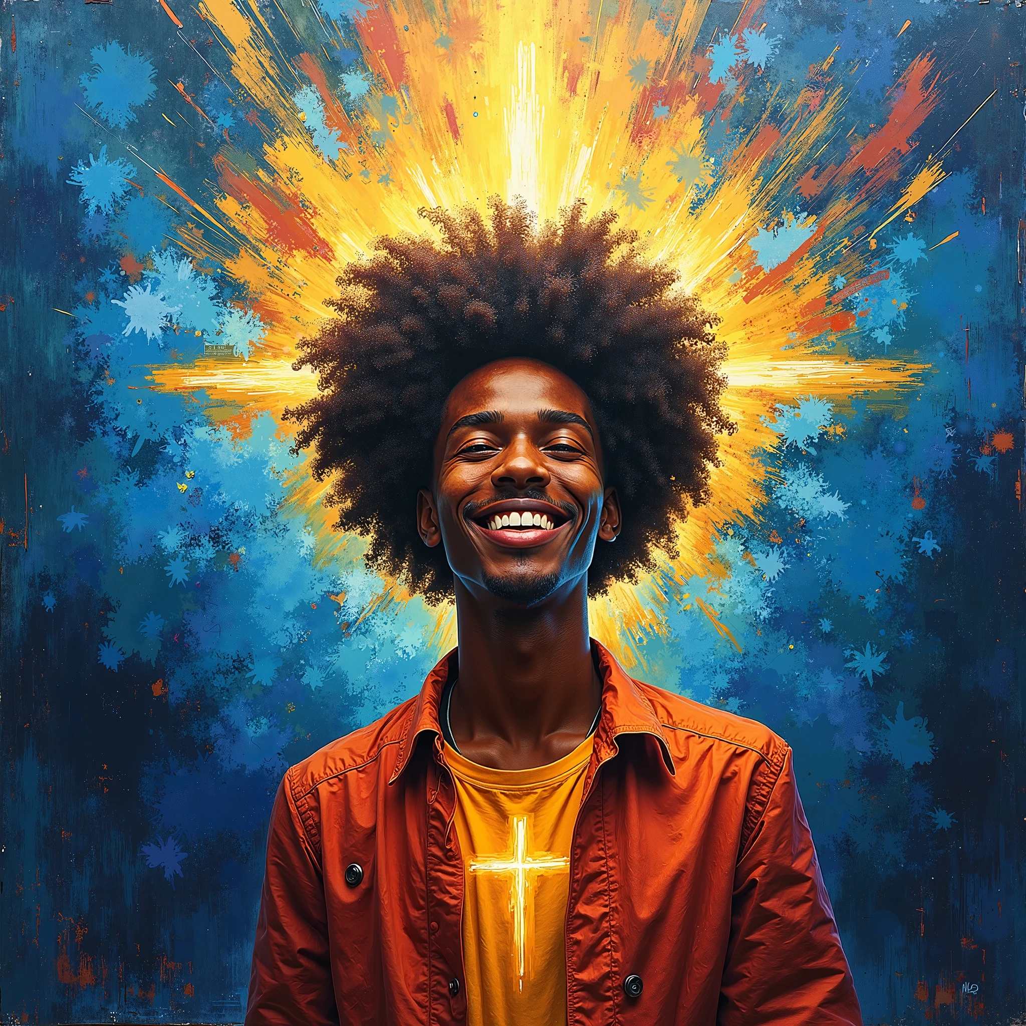 A vibrant and abstract painting featuring A afro  smile with cross behind him gold aura. The background is an explosion of bold, textured colors, with fiery blue, deep blue, and dark bluetogether in a dramatic and expressive manner. The brushstrokes are bold and dynamic, giving the artwork an energetic and spiritual tone, reminiscent of contemporary religious art.