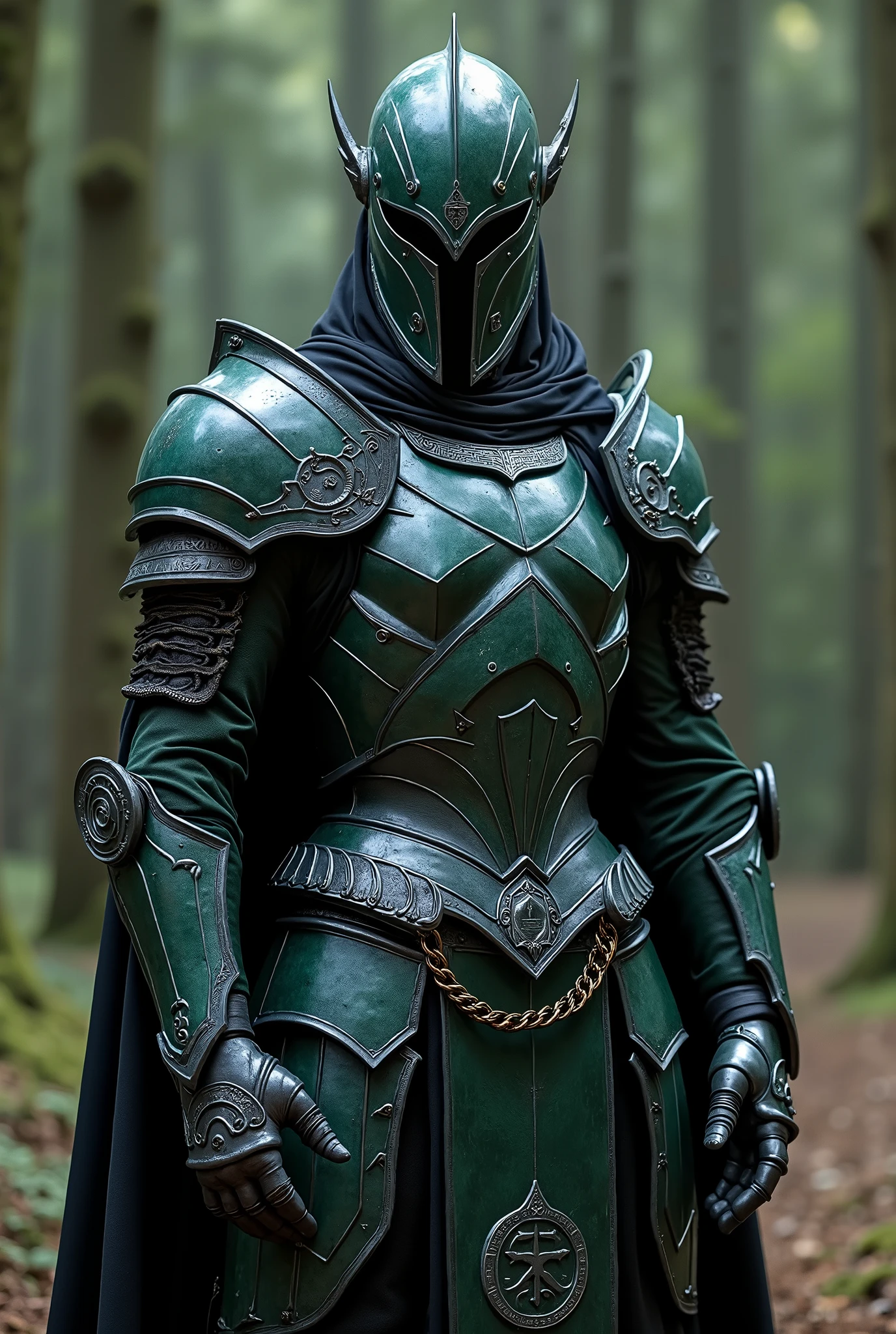 Elf if your armor from Tolionir's elite squad is made of elven iron tempered with black silver, enchanted to resist curses and magical attacks. Its design mixes the refinement of the elven forge with austere war features — elegant yet heavy plates, with contours that resemble thorns and twisted roots, } as if the forest itself had shaped the protection.
The predominant colors are matte and dark green, with runes shining in icy blue — symbols of purification and exorcism. Each warrior wears a helmet with a closed visor, sculpted with impassive features, giving them an inhuman appearance, almost spectral. A long flowing black cloak, with the Tolionir coat embroidered on a string of blue light, Complete the costume .
Beyond aesthetics, the armor is enchanted with seals of silence that drown out your steps, allowing the squad to move like shadows, even in the open field. Em batalha, they look like hunting specters — cold, precisos, Ruthless.