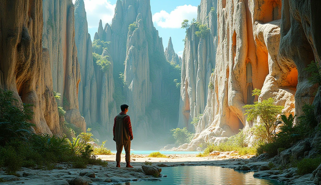 Design a hyperrealistic image in 16K of an intense one that elevates particles of dust and tropical humidity. THE CLOSE-UP OF A GENERAL PORTRAIT IS SEEN FROM A LOW ANGLE, FROM BELOW THE CYLINDERS WITH AN UPWARD VIEW OF THE ENVIRONMENT ON a tropical planet with cliffs of light gray rock, assemblages, full of natural protrusions from where CYLINDRICAL INSTALLATIONS EMERGE PROTRUDING IN THE HEIGHT OF THE ROCK WALLS OF THE CURLS WITH ULTRA-TECHNOLOGICAL ALIEN REINFORCED GLASS HATCHES AND WINDOWS, WITH TRANSMISSION ANTENNAS AND PARABOLAS integrated seamlessly with the environment. METALLIC LIGHT GRAY AND ORANGE, WITH RUSTY EXPOSED PARTS. From the cracks of the rock, fine crevices and falls of crystalline water descend. The atmosphere is humid and rich in vegetation. The sky is clear, lens with giant clouds floating above the stage. Captures the scene from an extremely low angle, al foot of the cliffs where the alien colony begins. It uses the optics of a Sony 16-35 mm f/4G PZ to achieve a natural but impressive perspective, with perfect depth of field that emphasizes the monumental scale of the ship. The lighting must be studio film type, highlighting metallic textures, reflections and active lights of the ship, , achieving a level of absolute hyperrealism worthy of a science fiction masterpiece. hyper realistic, high definition and resolution , PERFECT APPROACH AND OPTIMAL MANAGEMENT OF THE DEPTH OF FIELD. CINEMA MASTERPIECE
