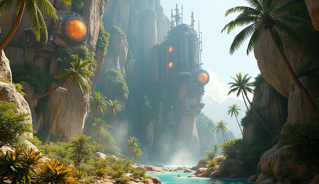 Design a hyperrealistic image in 16K of an intense one that elevates particles of dust and tropical humidity. THE CLOSE-UP OF A GENERAL PORTRAIT IS SEEN FROM A LOW ANGLE, FROM BELOW THE CYLINDERS WITH AN UPWARD VIEW OF THE ENVIRONMENT ON a tropical planet with cliffs of light gray rock, assemblages, full of natural protrusions from where CYLINDRICAL INSTALLATIONS EMERGE PROTRUDING IN THE HEIGHT OF THE ROCK WALLS OF THE CURLS WITH ULTRA-TECHNOLOGICAL ALIEN REINFORCED GLASS HATCHES AND WINDOWS, WITH TRANSMISSION ANTENNAS AND PARABOLAS integrated seamlessly with the environment. METALLIC LIGHT GRAY AND ORANGE, WITH RUSTY EXPOSED PARTS. From the cracks of the rock, fine crevices and falls of crystalline water descend. The atmosphere is humid and rich in vegetation. The sky is clear, lens with giant clouds floating above the stage. Captures the scene from an extremely low angle, al foot of the cliffs where the alien colony begins. It uses the optics of a Sony 16-35 mm f/4G PZ to achieve a natural but impressive perspective, with perfect depth of field that emphasizes the monumental scale of the ship. The lighting must be studio film type, highlighting metallic textures, reflections and active lights of the ship, , achieving a level of absolute hyperrealism worthy of a science fiction masterpiece. hyper realistic, high definition and resolution , PERFECT APPROACH AND OPTIMAL MANAGEMENT OF THE DEPTH OF FIELD. CINEMA MASTERPIECE
