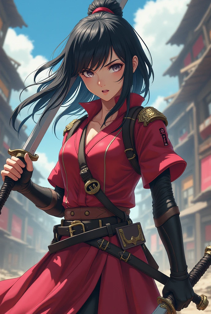 GIRL HOLDING SWORD ANIME STYLE HIGH ANGLE CAMERA ANGLE