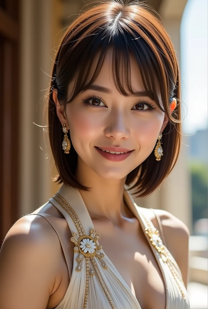 (8K,RAW photo、RAW photo、highest quality、master masterpiece:1.2)、super detailed、super resolution、(Photoreal:1.3)、Angle to shoot from the front、Clearly draw shades of light、High resolution RAW color photos、professional photos、Same skin type as humans、Female proofreading of Japan from head to waist、blur the background、I draw it faithfully to the anatomy.、very detailed and beautiful、Super high quality、length、Hair swaying and sexy、Highly detailed beautiful girl、smile、Full body Esbian、Loosely curly hair、wedding style、dress、cheese、ウェディングdress、Tierra、luxury necklace、from head to foot、bouquet