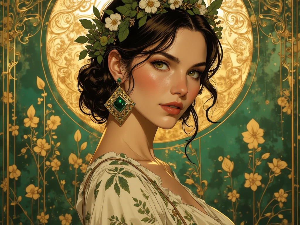 Woman portrayed:  She has fair skin, expressive eyes with striking lines and a Slight confident smile. Her lips are painted with a reddish tone. Cabelo:  dark and wavy , tied in a loose bun with some locks falling softly. She wears a crown of green leaves and white flowers, which reinforces a natural and ethereal aesthetic. accessories:  wear large earrings , geometric, with emerald green stones and gold frame, that attract a lot of attention and match the overall palette of the image. Clothing: A dress with floral prints in soft tones, conveying a romantic atmosphere. Fundo: A background richly decorated with an ornate golden disc behind the woman's head, referring to a halo, as in religious icons or works by Klimt. The base of the background is greenish, which harmonizes with the tones of the earrings And of the dress.