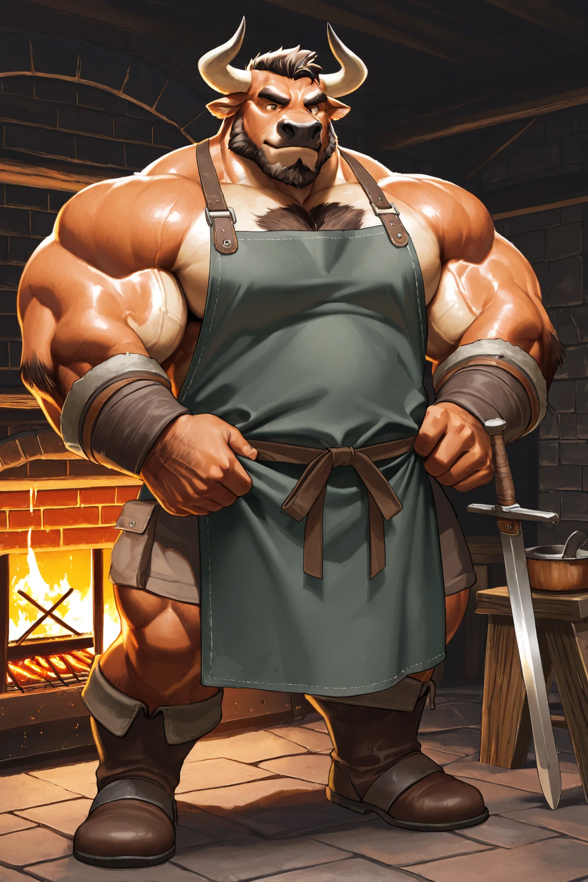 Medieval fantasy Human prisoners in an Orc village preparing animal carcasses for cooking. Sweat. Muscles. Dirt. Worn clothes. Torn clothes. Big muscles. Broad shoulders. Thick meaty pecs. Worn shirts. Bloody hands and shirt. Tusks. Crotch bulge. Bulging crotch. Growing muscles.
