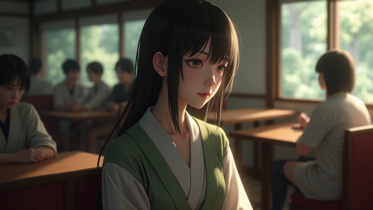 Focused image of Nobuko’s distant stare as others speak nearby in Japan, 4K ultra-realistic.