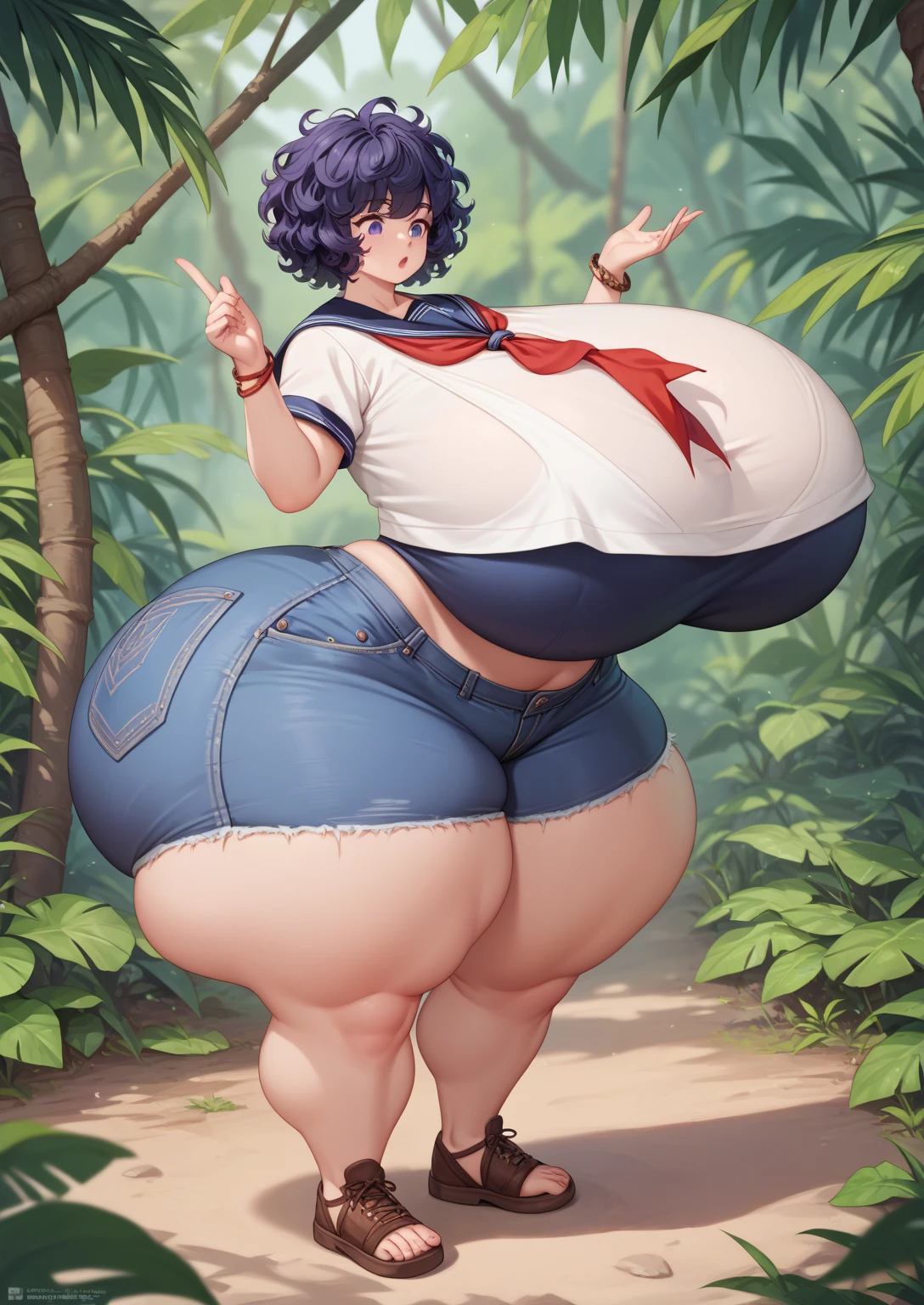 anime figure of a woman in a bikini posing in a yard, small curvy loli, Chic, oppai proportions, heavy detailed, hyperrealistic full figure, highly detailed full body, large thighs, full body portrait of a short!, a pretty slender young girl that ultra thick only thighs, very a lot of thigh fat, very plump thighs, super fat thighs goddess, super pear shaped goddess, heavy bottom, massive legs, insanely inflated hips, voluptuous body, ((thighs that chunk of fat:1.3)), (ultra huge thighs:1.3)), ((ultra small abdomen:1.3)), very narrow waist, extremely tiny waist, ((ultra small breast:1.3)), ((ultra slight shoulder:1.3)), ((ultra huge lower half of body and ultra- thin upper half of body:1.3)), (ridiculously massive thick thighs), ((unbelievably huge curvaceous hips)), ((extremely huge voluptuous thighs)), leg garter cut into thigh, thigh fat be pushed out short pants, earring, anklets, leg garter, Bracelet, necklaces、, Gorgeous, elegantly, beautifulface, ((super fatty thighs:1.3)), ((Head to Toe Image)), all body, thigh focus, sthe highest qualit, 8k, masterpiece, Super Detailed, pfotorealistic, only one girl