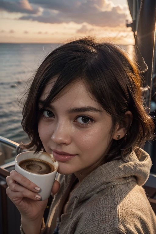 ((best quality)), ((masterpiece)), (detailed), perfect face super detailed eyes super detailed face super details skin 23yr old girl at beach cafe drinking coffee sunrise