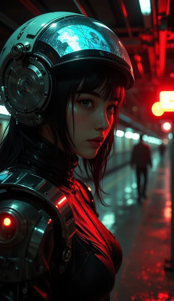 Empty subway station at night with a cyberpunk aesthetic, dim lighting, wet floors reflecting flickering neon lights, no people in sight, creating an eerie and unsettling atmosphere, red ambient lighting glows around but does not touch the face, casting deep shadows and dramatic shading, close-up of a Korean female GANTZ agent with black hair and brown eyes, wearing a thick mechanical helmet and suit, long straight hair slightly flowing out from under the helmet, neck fully enclosed, heavy mechanical shoulder armor, shoulders aligned and facing forward, visible up to the top of the shoulders, staring intently at a floating blue holographic map, highly detailed textures, tense and cinematic sci-fi mood