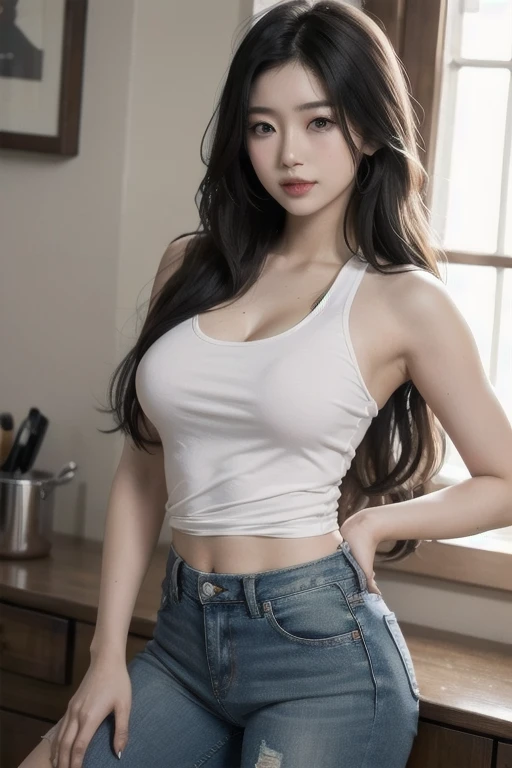 a woman with tattoo, long hair, white tank top no strap, riped jeans, look at viewer, kitchen, voluptuous
