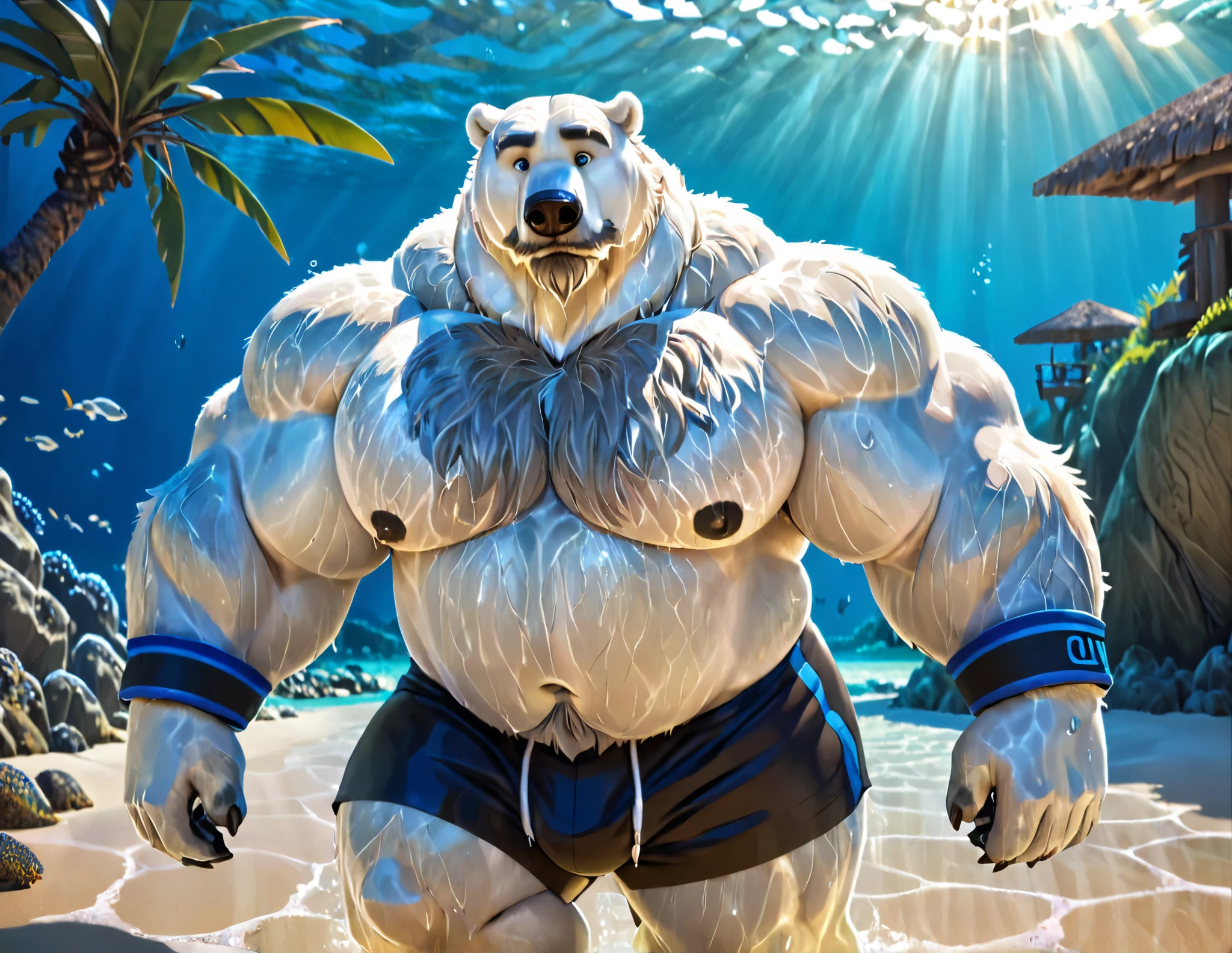 huge bulked up muscular polar bear in Californian beach underwater, big bulked up body, polar bear, huge white fur, thick arm, huge arm, added gray mustache, added gray beard over the muzzle, short white hair, weight: 310lbs, (veiny bulked up muscular, pectoral, wide pectoral, thick bulky arms), Zootopia, 8k, masterpiece, detailed gray eyebrows, detailed blue eyes with blue pupils, (wearing black short trunks, wristbands, shirtless, topless, half naked and feet), swimming