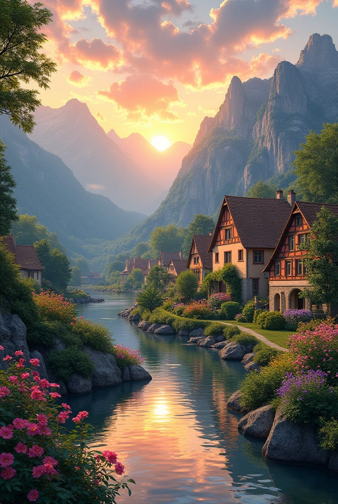 a small village by the river, mountains in the background, floral flowers colorful, detailed landscape, Beautiful natural landscapes, atmospheric lighting, scorching sunset, warm colours, practical, photopractical, Detailed Foliage, complex buildings, cobblestone street, Charming country house, swirly vibrant colors, lush vegetation, Still water reflections, Picturesque, idyllic, work of art, best qualityer, 8k, extremely detaild,anime styling