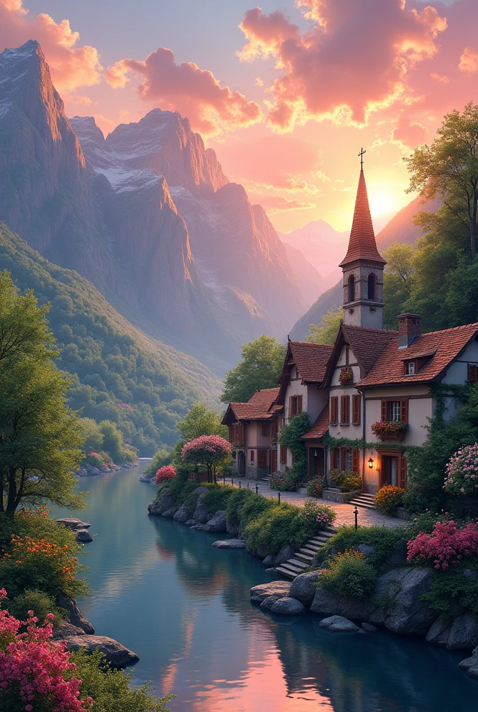 a small village by the river, mountains in the background, floral flowers colorful, detailed landscape, Beautiful natural landscapes, atmospheric lighting, scorching sunset, warm colours, practical, photopractical, Detailed Foliage, complex buildings, cobblestone street, Charming country house, swirly vibrant colors, lush vegetation, Still water reflections, Picturesque, idyllic, work of art, best qualityer, 8k, extremely detaild,anime styling