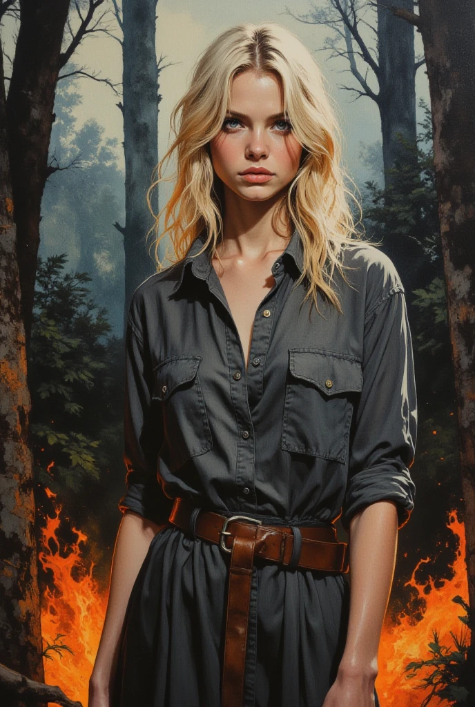 oil painting, sexy woman, 25 years old, blonde, shoulder length hair, dark gray history silk button-down shirt like dress, leather belt, watercolor background of a gloomy forest, black fog, dynamic pose, roaring magic around, fire on the ground, lightning in the sky, portrait, looking straight into the camera, large strokes, high quality details
