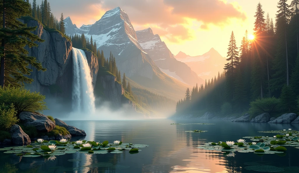 masterpiece, furiouzly, 
landscape, mountain, forest, waterfall, pond, lily \(flower\), lily pad, sunset, reflection