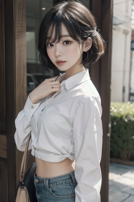 top quality, masterpiece, girl, black hair, black eyes, white shirt, black shorts