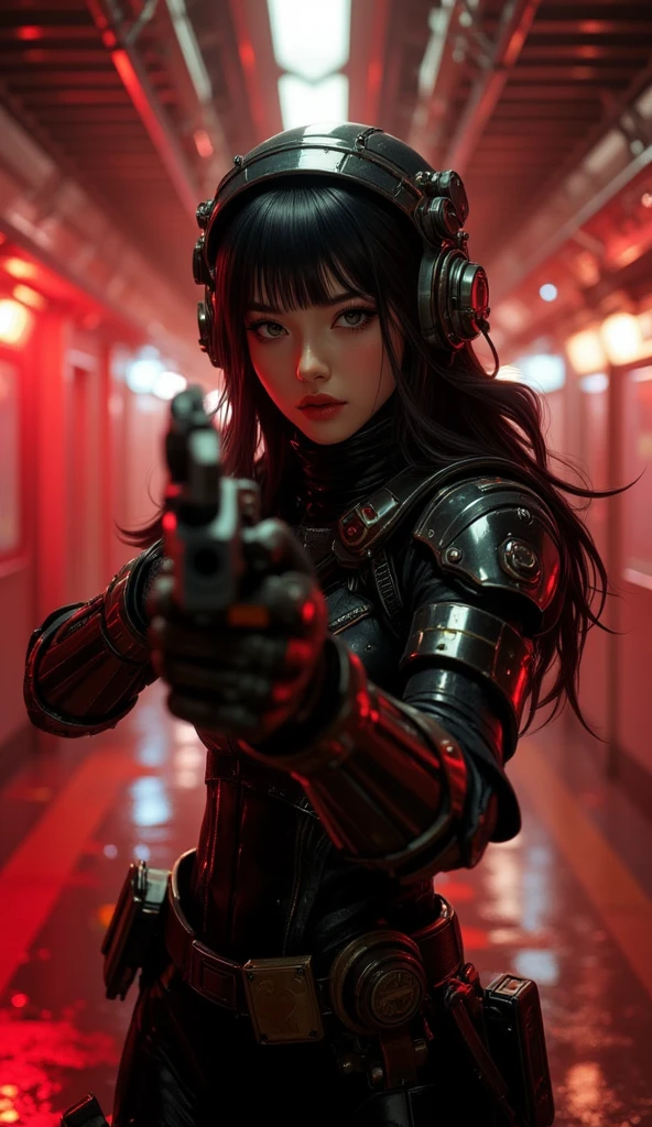 Cyberpunk-themed empty subway station at night, no people, creating an eerie and unsettling atmosphere. Dim lighting and wet floors reflecting flickering neon lights. Red ambient lighting glows around but does not touch the face, casting deep shadows and dramatic facial shading. A Korean female GANTZ agent with black hair and brown eyes is wearing a thick mechanical helmet and a highly detailed cyberpunk mechanical suit, cautiously moving through the subway corridor while aiming a firearm with both hands. Her long straight hair slightly flows out from beneath the helmet, and her neck is fully enclosed in armor. She wears heavy mechanical shoulder armor. Smoke and red light fill the environment, adding to the tense sci-fi mood