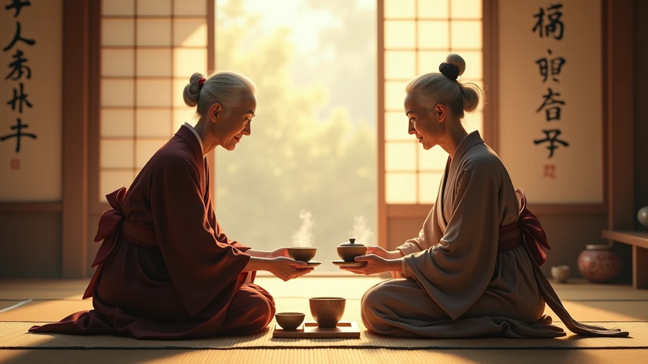 Two elderly Japanese women drinking tea together, soft sunlight ???????????, 4K ultra-realistic.