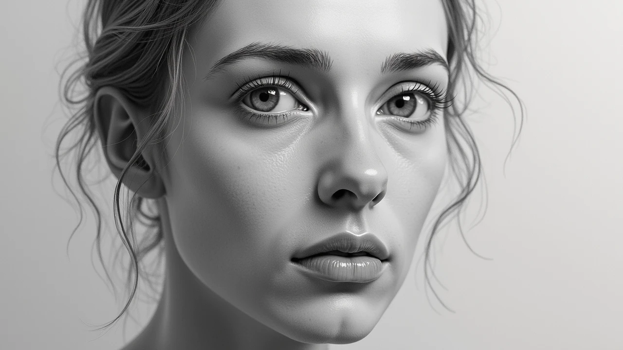 Close-up of her drawing of her late husband’s face, partially finished, 4K ultra-realistic.