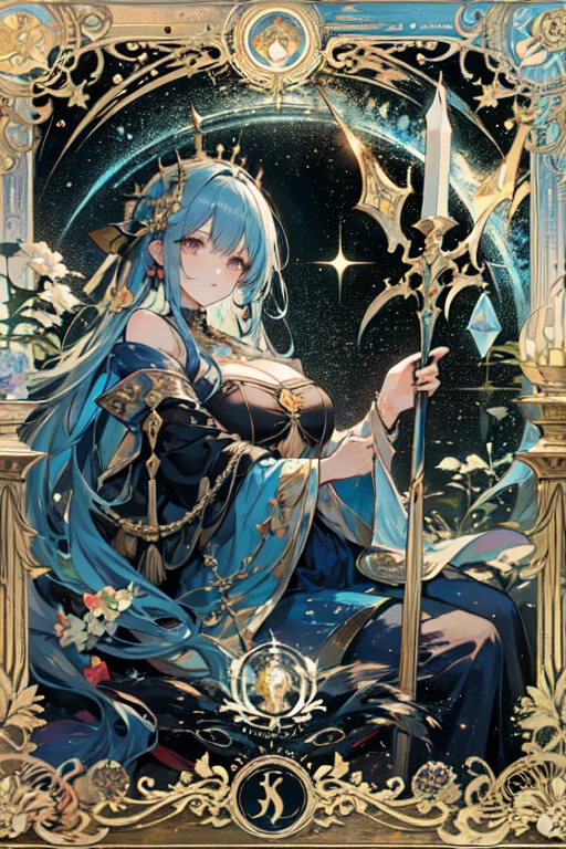 ((The Masterpiece:1.2,best qulity)), 1aldy,(Detailed eyes),Hua Dian,(Exposed breasts:2.3),Raised shoulders:1.1),Cleavage,Large breasts,(Bright pupils:1.1)Hair facing up,beautiful celestial mage,a beautiful fantasy empress,tarot design, tarot card art, high detailled + tarot cards, art nouveau tarot style, art deco shaman, tarot card art, tarot design,(The Masterpiece,high - quality,high - resolution,Highest image quality)